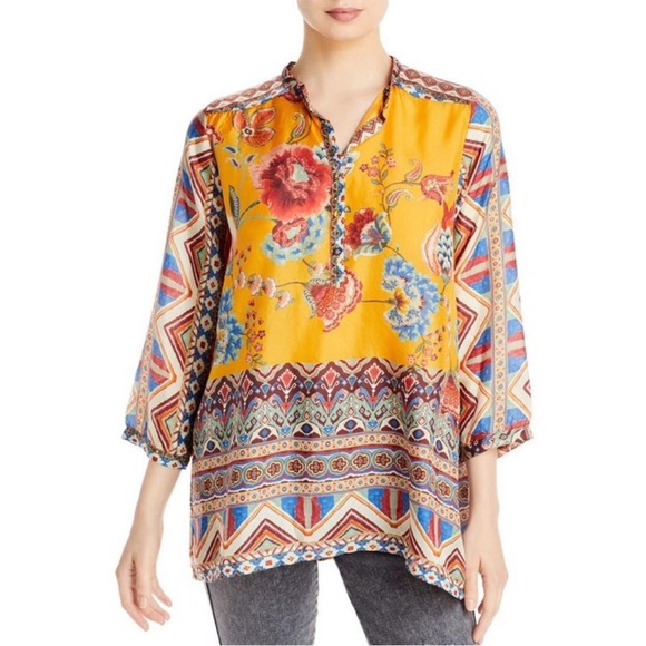 Johnny Was Tops - ❤️💜💙💛 Johnny Was Sasha Maine Silk Tunic Yellow Floral Oversized Small Fits ML